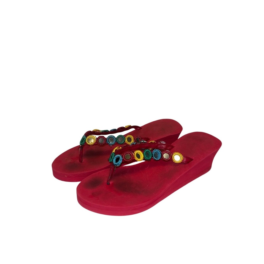 Pink Platform Wedge Flip Flops with Mirror Embroidery Detail Boho Sandals